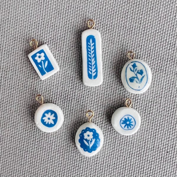 Handmade Floral Tattoo Stamp Clay Charms: Blue and White Jewelry Accessories with Gold