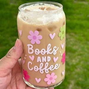 Bücher und Kaffee Glasdosenbecher - Eiskaffeebecher mit Blumenmuster