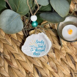 Oyster shell Christmas ornament, coastal decor - Sandy Toes and Sun-kissed Nose