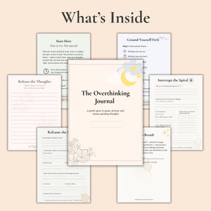 Puede incluir: Una colección de páginas de diario con el título "The Overthinking Journal". Las páginas son de color beige claro con ilustraciones florales y celestiales. El diario tiene como objetivo ayudar a pausar, procesar y liberar pensamientos en espiral.