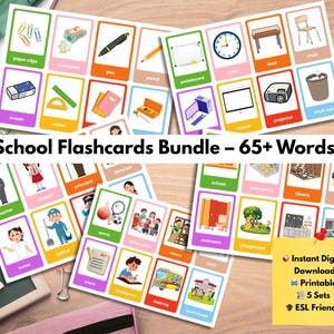 Schoolwoordenschat Flashcards voor kinderen | Afdrukbare ESL- en klasleerkaarten | Pakket van 5 bundels pdf | Digitale download