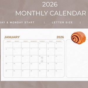 2026 Monthly Calendar PRINTABLE 2026 Monthly Planner Landscape 2026 Minimal Aesthetic Calendar Letter Size Sunday Start PDF Download