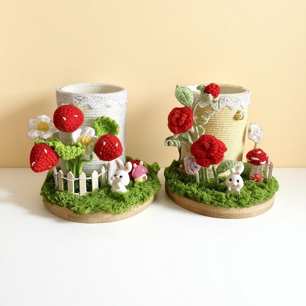 Crochet Pen Holder: Strawberry, Bunny, Rose Desk Decor