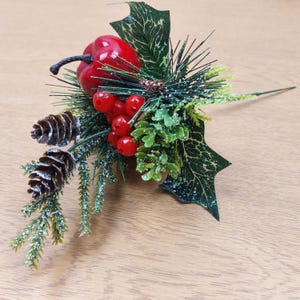 Faux Christmas Glitter Apple, Pine Cones and Berries Pick Red 25cm