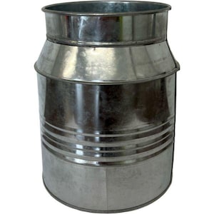 May include: A galvanised metal container with a cylindrical body and a flared top. The container has horizontal bands around the body and a slightly tapered shape. The metal has a shiny, reflective surface.