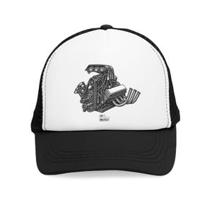 May include: Black and white trucker hat featuring a detailed illustration of a car engine. The hat has a white front panel with the engine graphic and a black mesh back and brim. The text "Harvey's" is visible on the graphic.