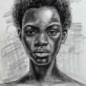 キャンバスに描かれたオリジナルの木炭画 - 20x16インチ ハンドメイドの白黒画 - モダンリアリズムの壁アート