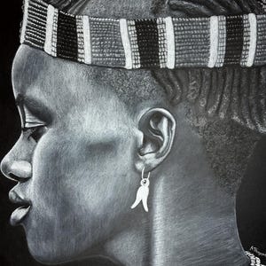 African Tribe Girl Portrait – Original White Charcoal Drawing on Black Paper – 28 x 20” Handmade Cultural Wall Art