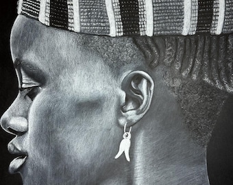 African Tribe Girl Portrait: White Charcoal Original Drawing on Black Paper