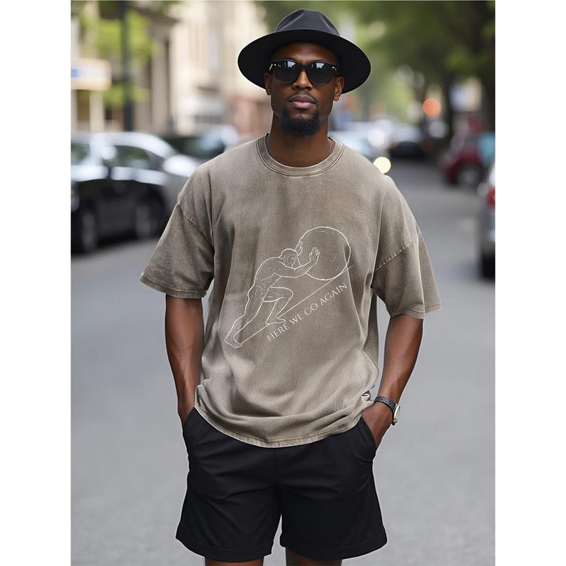 Camiseta gráfica de Sísifo lavada de gran tamaño: Camiseta de filosofía estoica de algodón pesado coffee color