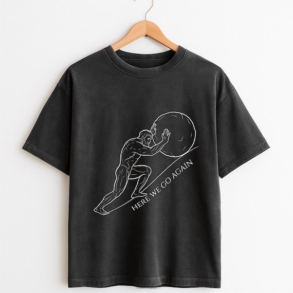 Oversized Washed Sisyphus Graphic Tee: Heavyweight Cotton Stoic Philosophy T-Shirt
