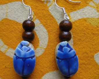 Ancient Egyptian Blue Scarab Beaded Earrings