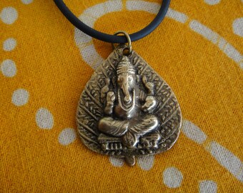 Ganesh Brass Palm Leaf Pendant Necklace Tribal Hindu Jewelry