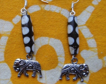 Kenyan Batik Bone Elephant Charm Earrings