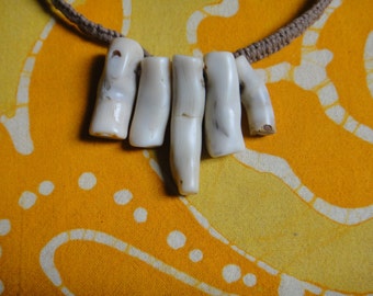 White Coral Bamboo Twig Beaded Hemp Necklace Graduated Stone Collar Tribal Jewelry Gift for Him or Her