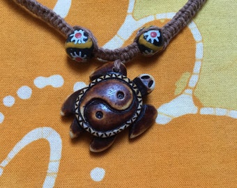 Yin Yang Sea Turtle African Bead Hemp Necklace
