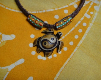 Yin Yang Sea Turtle African Bead Hemp Necklace