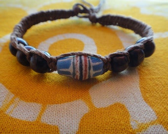 African Blue Glass and Wood Bead Hemp Bracelet / Anklet Trade Bead Krobo Ghanaian