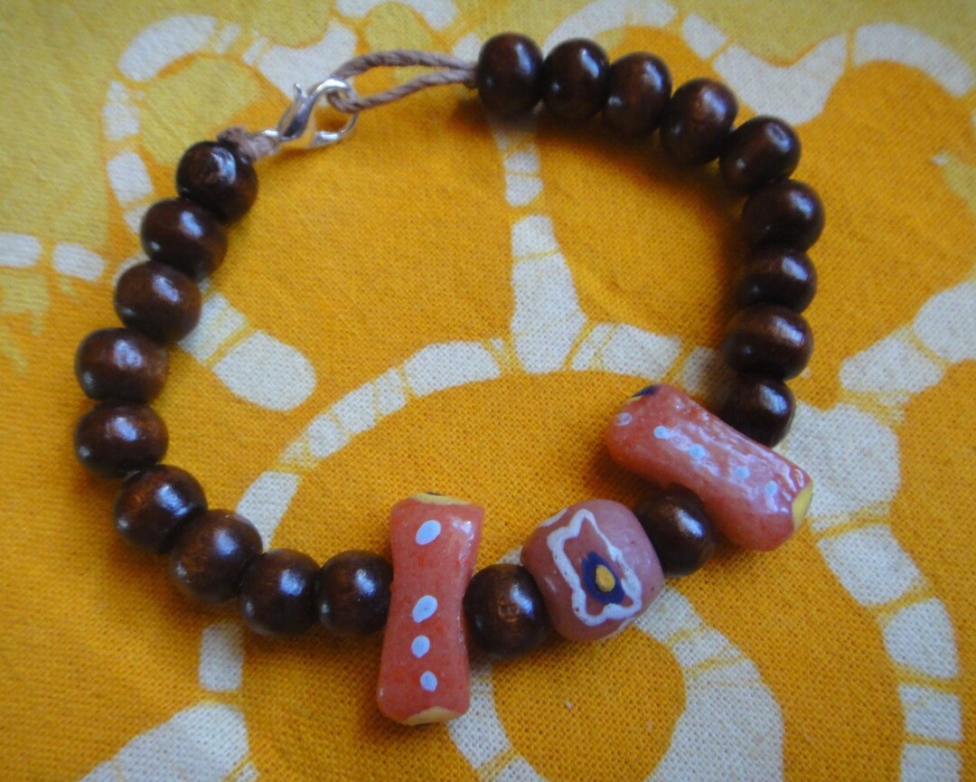 Pink African Flower Prayer Bead Bracelet Floral Print Pattern Hippie