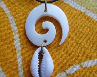 Tribal Koru Spiral Cowrie Shell Charm Pendant Necklace