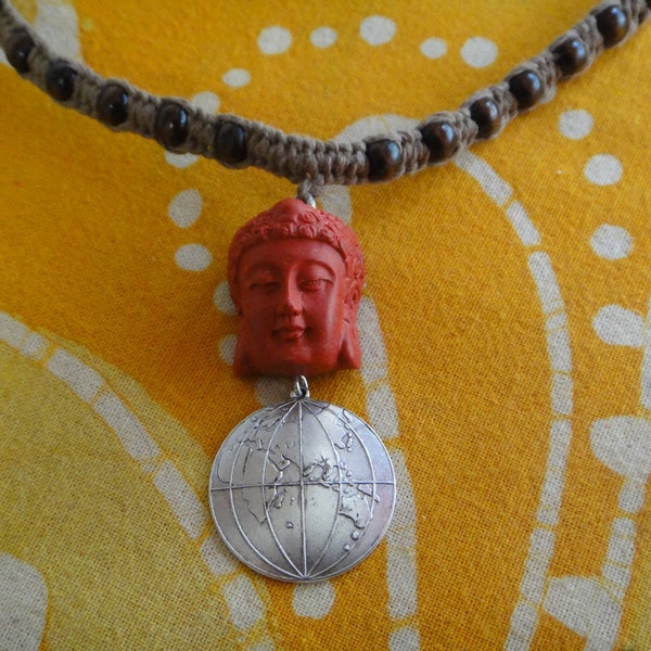 Zen Buddha Cinnabar Perle Globus Charm Hanf Halskette