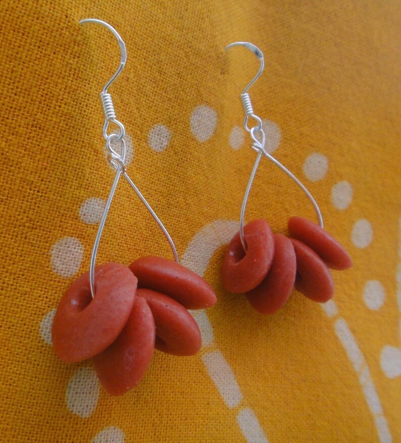 Red Cinnamon Recycled Glass African Bead Teardrop Earrings image 1