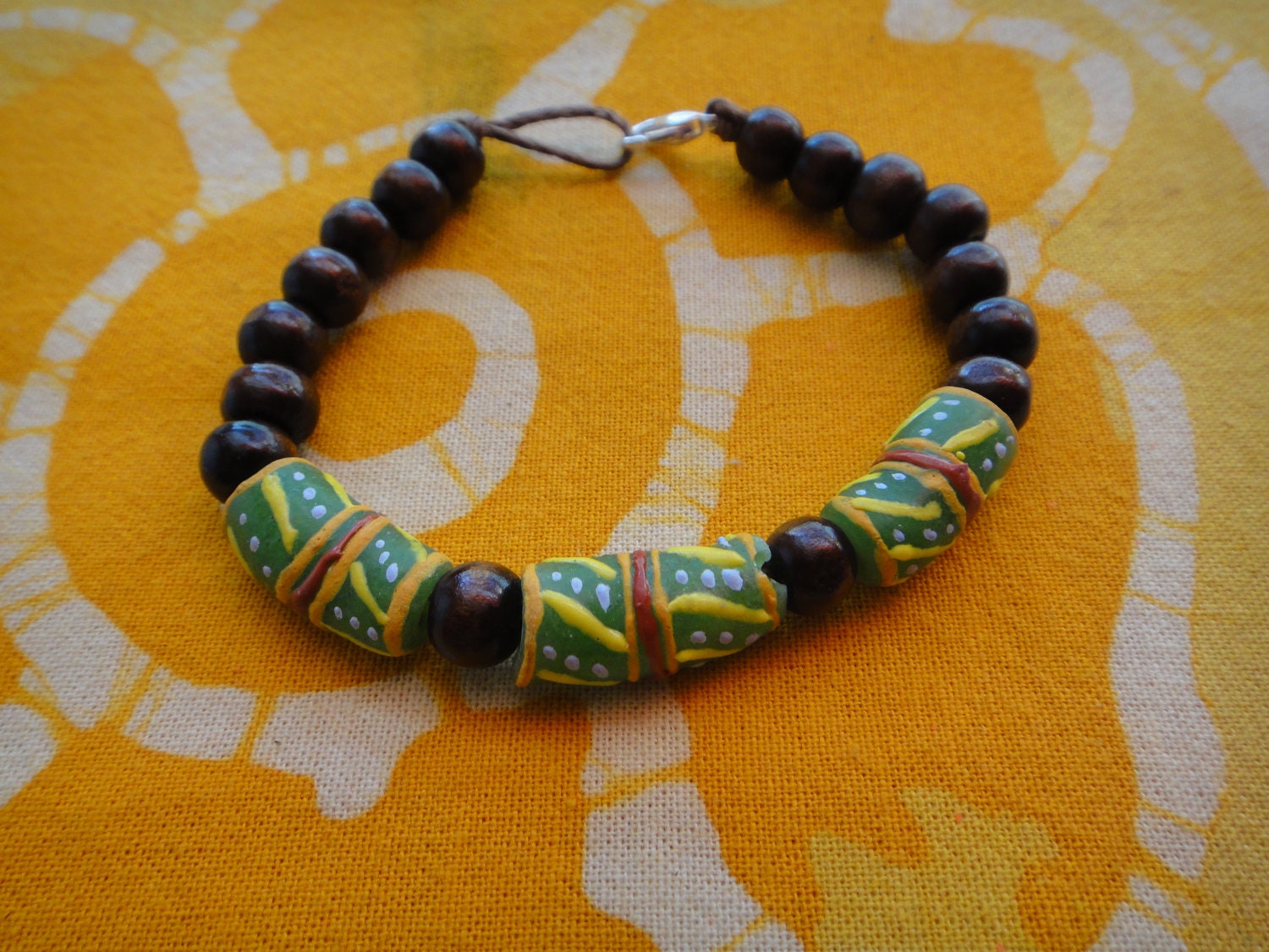 Green Rasta Pattern African Glass Prayer Bead Bracelet Krobo Etsy