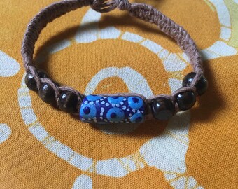 African Blue Glass Beaded Hemp Bracelet/Anklet