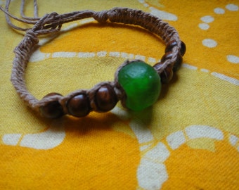 African Recycled Glass and  Wood Bead Hemp Bracelet / Anklet