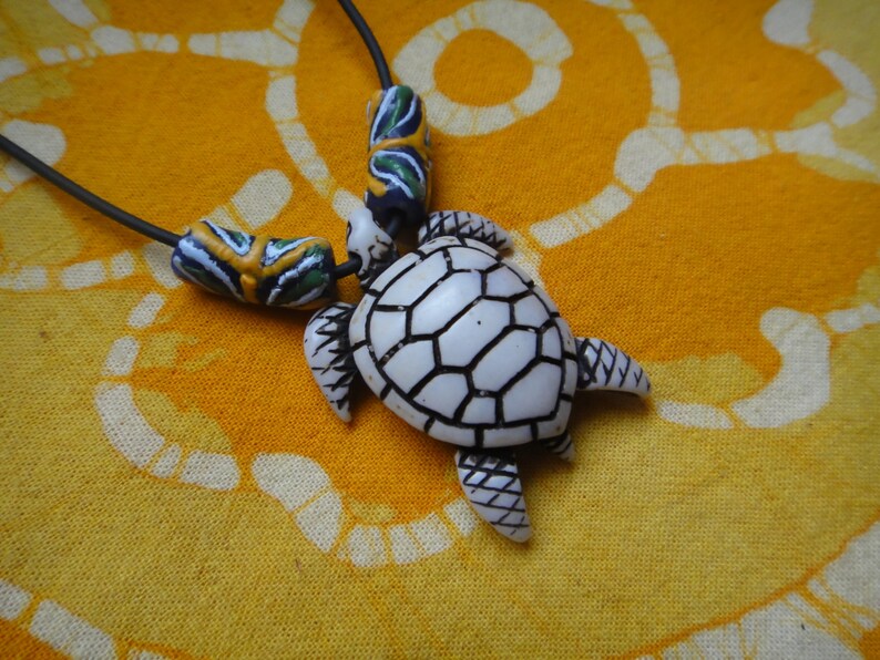 Carved Sea Turtle Pendant African Bead Necklace Mens Surfer Choker Tribal Jewelry image 2