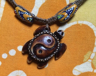 Yin Yang Sea Turtle African Bead Hemp Necklace