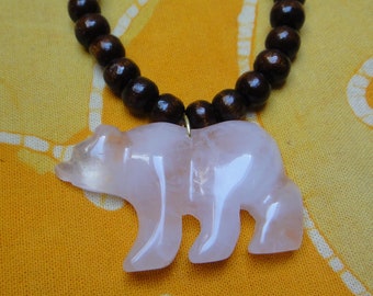 Carved Rose Quartz Stone Bear Fetish Prayer Bead Necklace Long Boho Tribal Mens