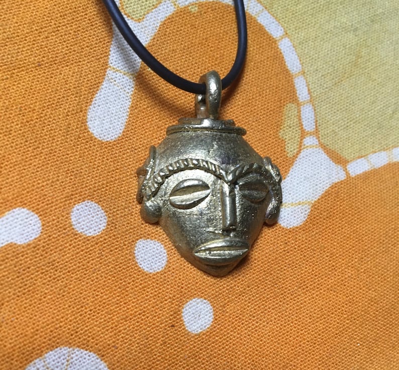 African Mask Cast Brass Pendant Necklace Tribal Mens Afrocentric Jewelry
