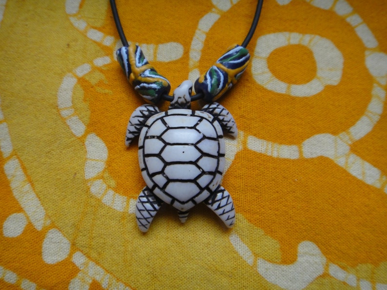 Carved Sea Turtle Pendant African Bead Necklace Mens Surfer Choker Tribal Jewelry image 1
