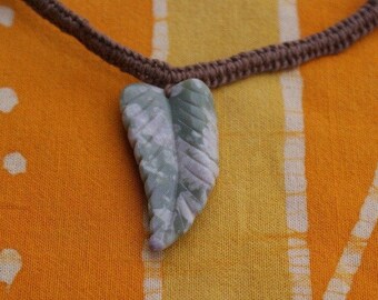 Green Ocean Agate Carved Leaf Pendant Hemp Necklace Hippie Festival Gemstone Jewelry