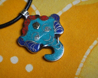 Ganesh Pendant Turquoise Lapis and Red Coral Nepalese Inlaid Stone Necklace Tibetan Jewelry Hindu Elephant God