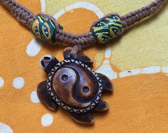 Yin Yang Sea Turtle African Bead Hemp Necklace