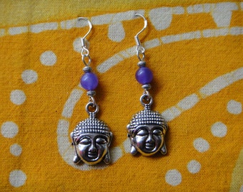 Buddha Head Charm Violet Jade Bead Earrings