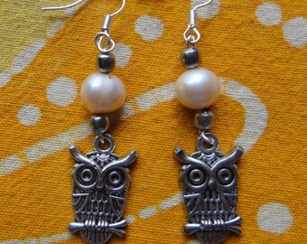 Owl Charm Pearl Earrings Beaded Dangle Wedding Gift Whimsical Jewelry