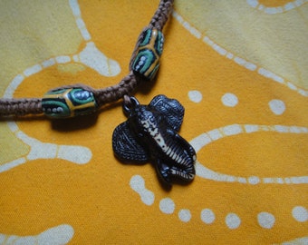 Carved Ganesh Elephant African Glass Bone Bead Hemp Necklace