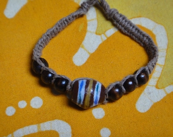 African Recycled Glass and  Wood Bead Hemp Bracelet / Anklet