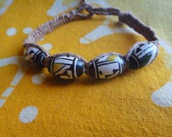 Peruvian Ceramic Bead Hemp Bracelet / Anklet Hand Painted Inca Boho Tribal Beaded Jewelry