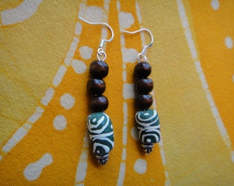 Green Recycled African Glass and Wood Beaded Earrings