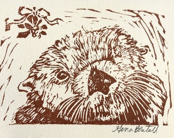 Sea Otter Under the Mistletoe, tarjeta de notas navideñas impresa a mano