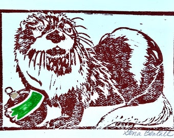 River Otter, Hand-printed Holiday Notecard