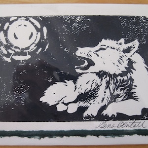hand printed wolf note card, Moonsong
