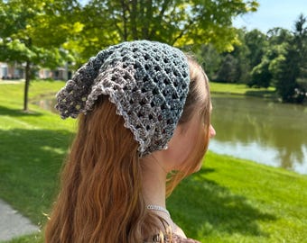 Handmade Crochet Bandana – Gray Ombre Head Scarf | Boho Hair Wrap | Summer Festival Accessory