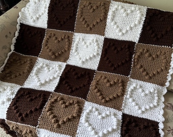 Handmade Crochet Heart Blanket - Brown and White Throw - Textured Bobble Stitch Lap Blanket - Cozy Gift for Her - Neutral Decor Blanket