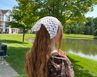 Handmade Crochet Bandana – White Head Scarf for Women | Summer Hair Accessory | Boho Style