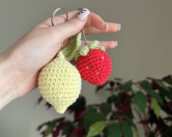 Crochet Fruit Keychain - Lemon or Strawberry Amigurumi Keyring - Cute Handmade Bag Charm Gift